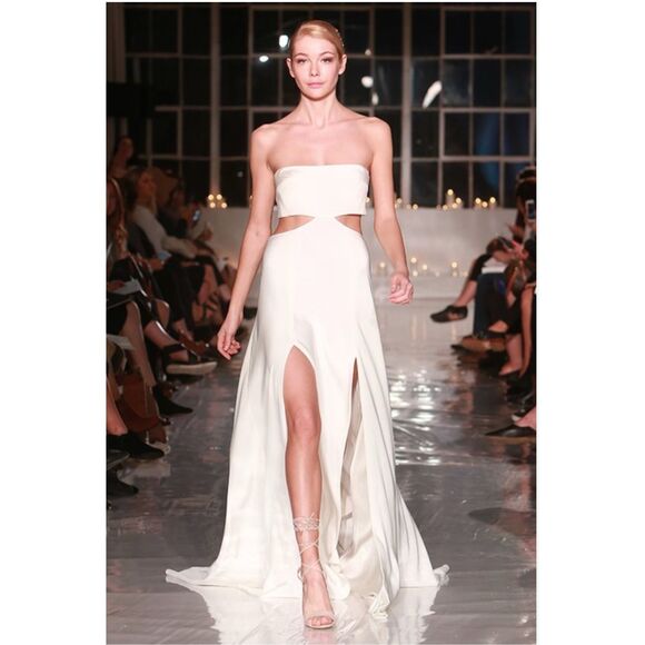 NWT Dan Jones $3,190 Retail Silk Crepe High Slit Strapless Ivory Wedding Dress S - Picture 1 of 15